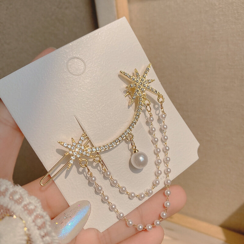 Rhinestone Eight-pointed Star Hair Clips Pearl Tassel Slide Hair Accessories Back Head Clip Girls Korea Hairpins