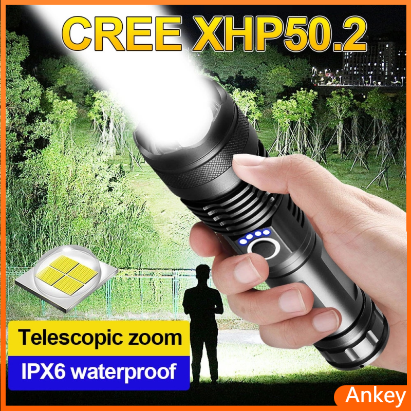 Đèn Pin LED XHP50 Mạnh Mẽ, Đèn Pin Sạc USB 5 Chế Độ Đèn Tập Trung Thu Phóng Được, Không Thấm Nước Đèn Pin Chiến Thuật Đi Bộ Đường Dài Ngoài Trời/Đạp Xe/Cắm Trại