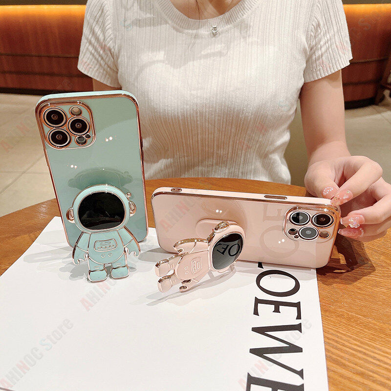 Astronaut Holder Phone Case For OPPO A55 Luxury Electroplated Soft TPU Case + Bracket