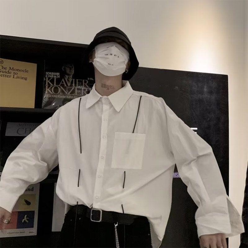 Lansboter Men's simple and high-end long-sleeved shirt white loose lantern sleeve casual shirt