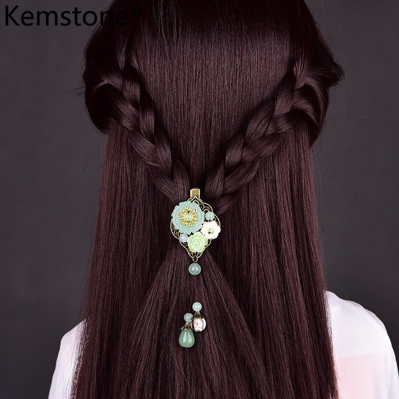 Kemstone Chinese Style Elegant Green Jade Beads Flower Tassel Hairpin Hair Accessories Jewelry Gift for Women Girls