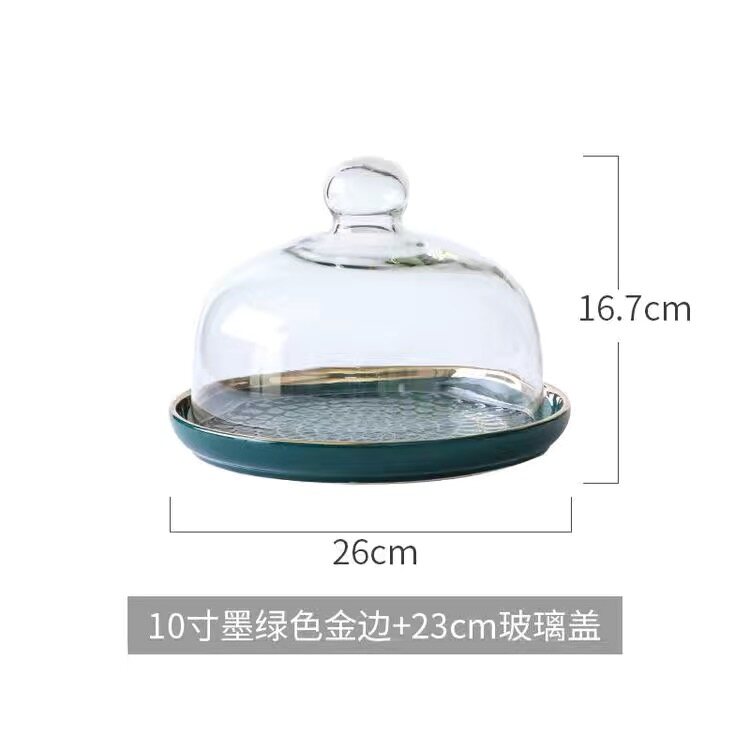 8 Inch Dessert Plate With Glass Cover 10 Inch Cake Ceramic Plate With Dome 6 Inch Fruit Plate With Lid Steak Plate