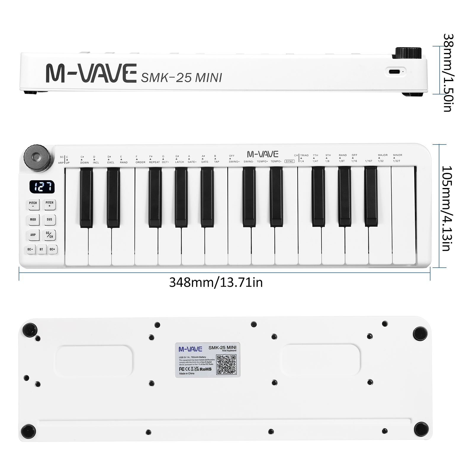 M-VAVE SMK-25mini Bàn phím MIDI có thể sạc lại 25-key Midi kiểm soát bàn phím USB xách tay nhỏ bàn phím Bộ điều khiển MIDI với 25 vận tốc phím nhạy cảm 1 núm