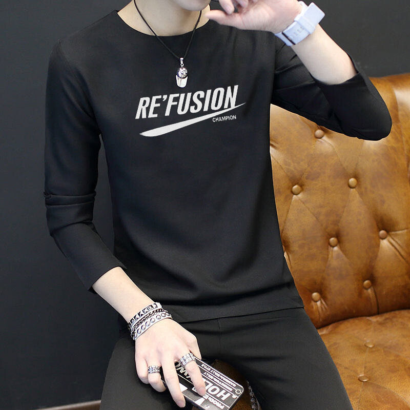 Men's T-shirt 2020 New Long T Pattern Letter Slim Type Korean Casual Hedging Round Neck Long Sleeve