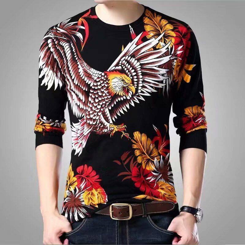 Moai Men's T-shirt Long Sleeve T-shirt Dragon Pattern Youth Fashion Top Printed T-shirt Loose Shirt T-shirt