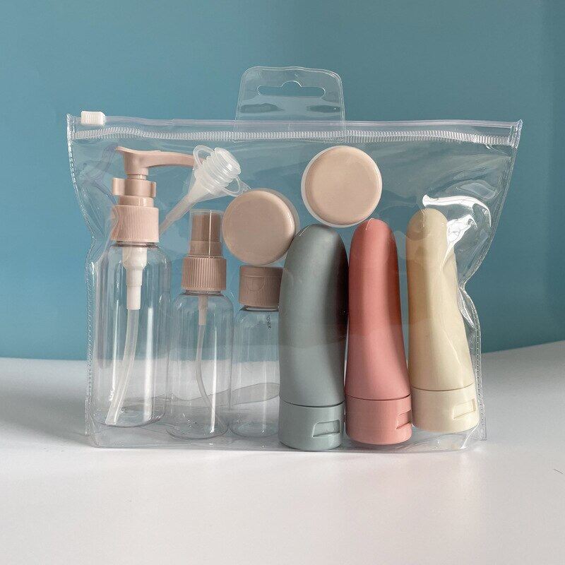 11pc/set Travel Cosmetic Refillable Bottle Lotion Toner Spray Bottle Portable Plastic Cream Jar Shampoo Pump Bottle Set Portable