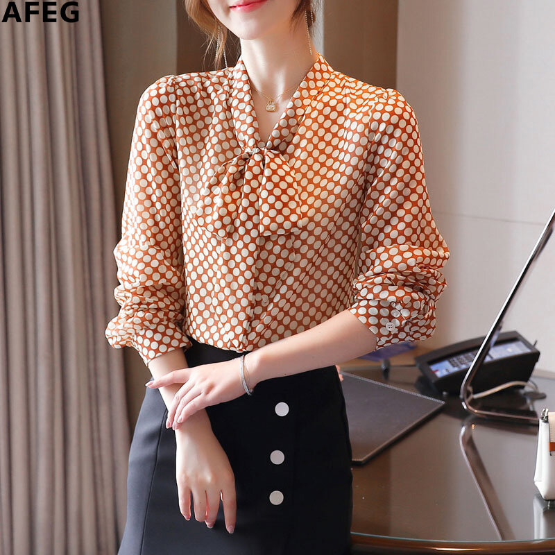 AFEG new Korean style shirt collar bowknot fashion loose wild temperament polka dot chiffon long-sleeved blouse