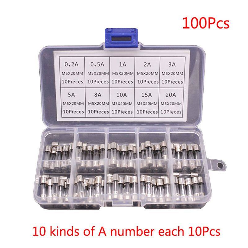 [Hot Sale] 100Pcs/Box 5x20mm Fast Blow Glass Fuse Assorted Mixed Kit 10 Values Amp 250V 0.2-20A Quick Blow Tube Fuses for Car Truck