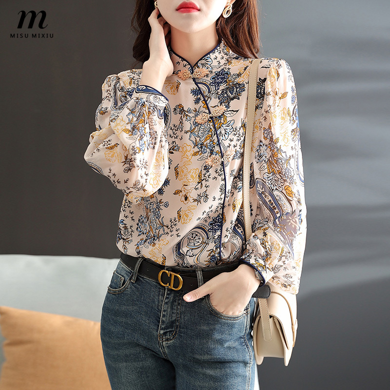 MISUMIXIU Printed Long Sleeve Shirt Women's Spring/Summer 2022 Retro Chinese Style Cheongsam Collar Buckle Design Niche Tops