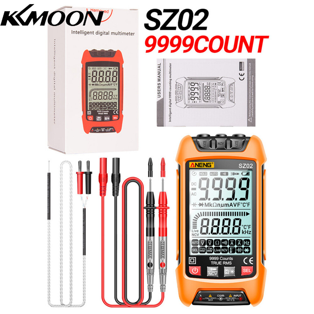 KKmoon ANENG SZ02 Smart Digital Multimeter Auto Range 9999 Counts NCV Universal Meter Handheld Multifunctional Tester Voltmeter Ammeter with Backlight Flashlight AC/DC Voltage & Current Resistance Capacitance Frequency Temperature Measurement