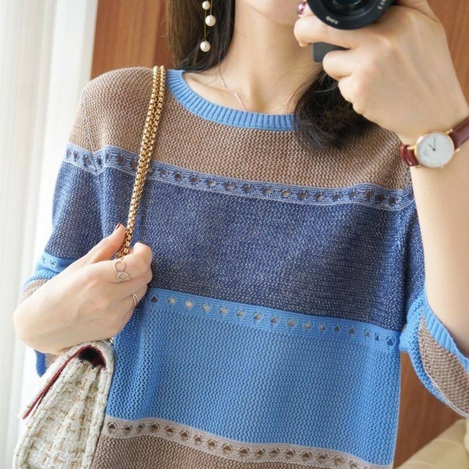 Thin Knitted Short-Sleeved hollow T-shirt Women's  Early Autumn round Neck Loose Color Cutout Sweater Bottoming Shirt