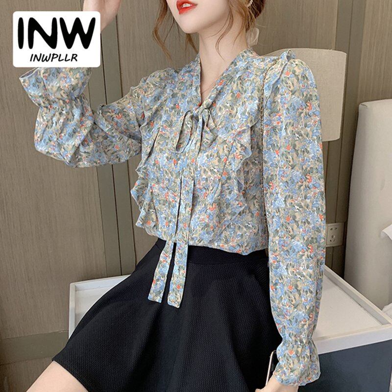 INWPLLR New Arrivals Autumn Women Floral Shirts Chiffon Blouse Fashion Bow Long Sleeve Shirt Korean All-match Lady Tops Large Size