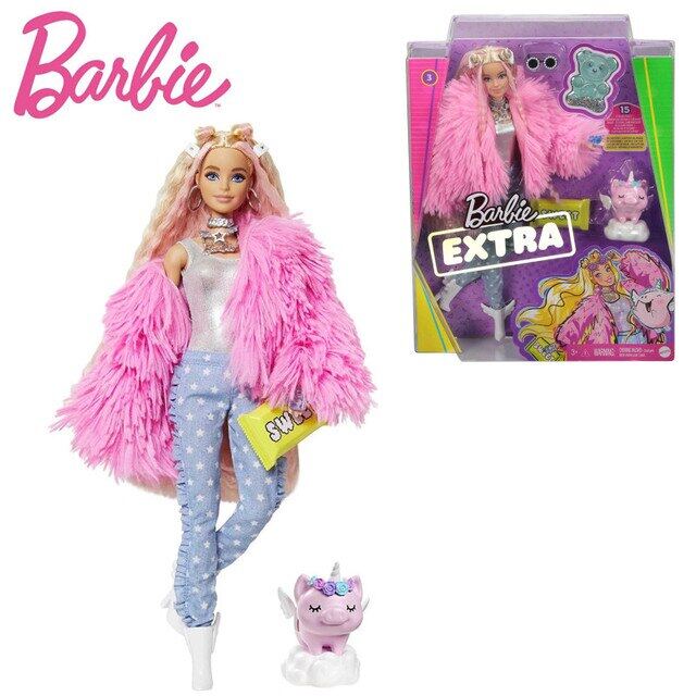 Barbie Extra Doll Pink Fluffy Coat Unicorn Pig Candy Bar Clutch Gummy