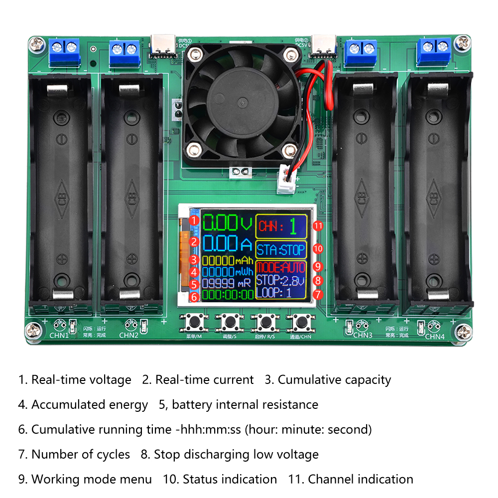 KKmol Single Channel/4 Channel 18650 Dung lượng pin Đầu dò điện trở trong Bộ sạc và xả tự động Loại cổng c Đo sạc và xả 1~9 chu kỳ Điều chỉnh sạc và xả