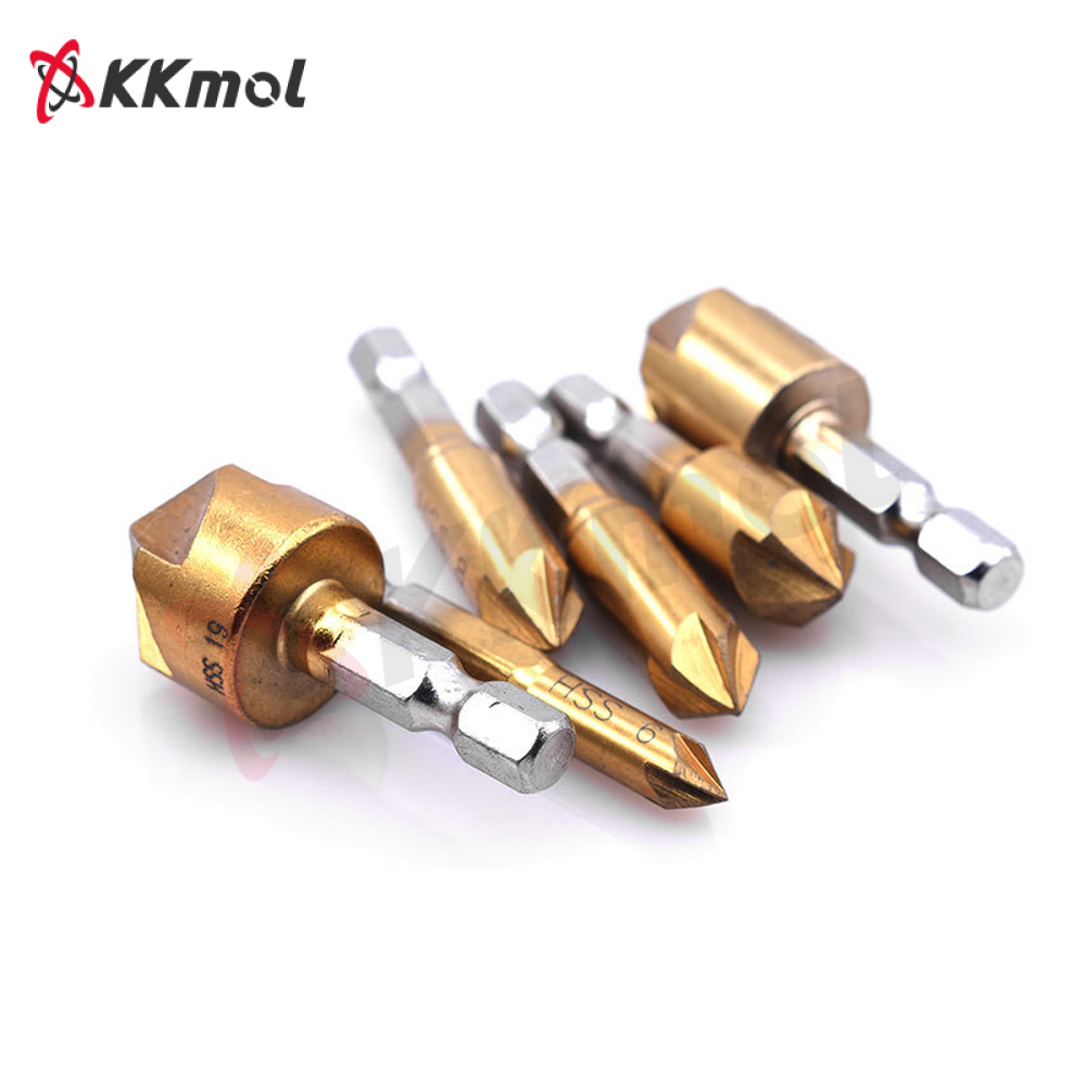 KKmol 6pcs Countersink Drill Bit Set 1/4'' Hex Shank HSS 5 Flute Countersink 90 Degree Wood Chamfering Cutter Chamfer 6mm-19mm