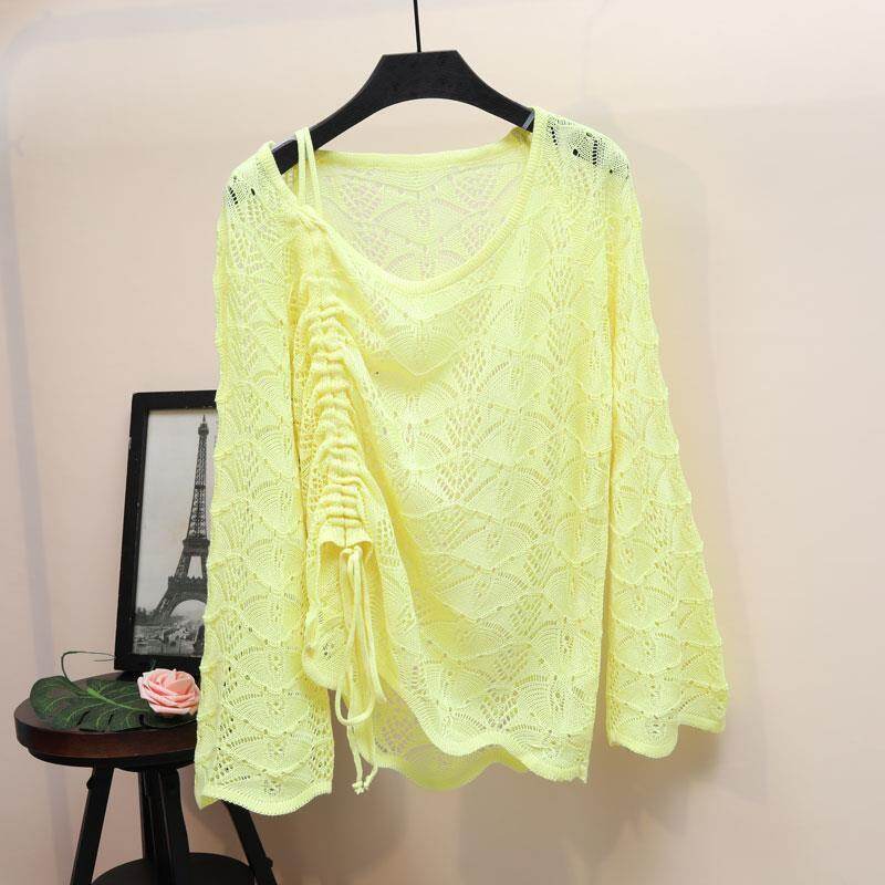Ladies Hollow Crochet Knitted Sweaters Casual Drawstring Long-sleeved Pullover Short Sweaters Top