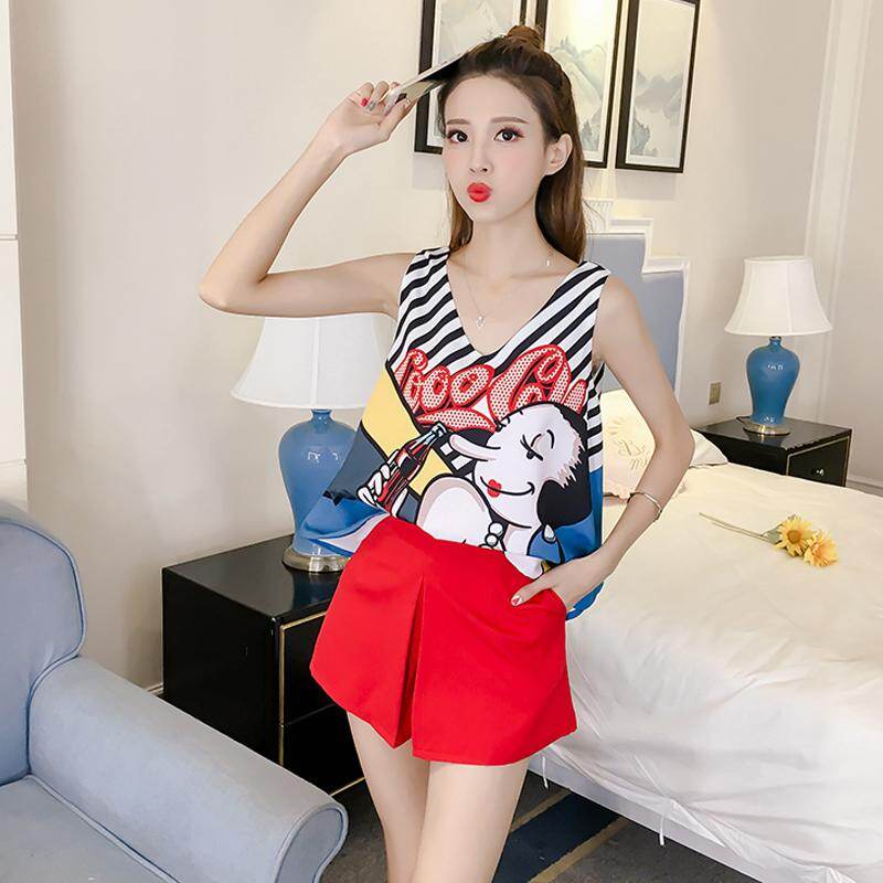 Female Summer New Printed Large Size Slim Short T-Shirt And Shorts Set