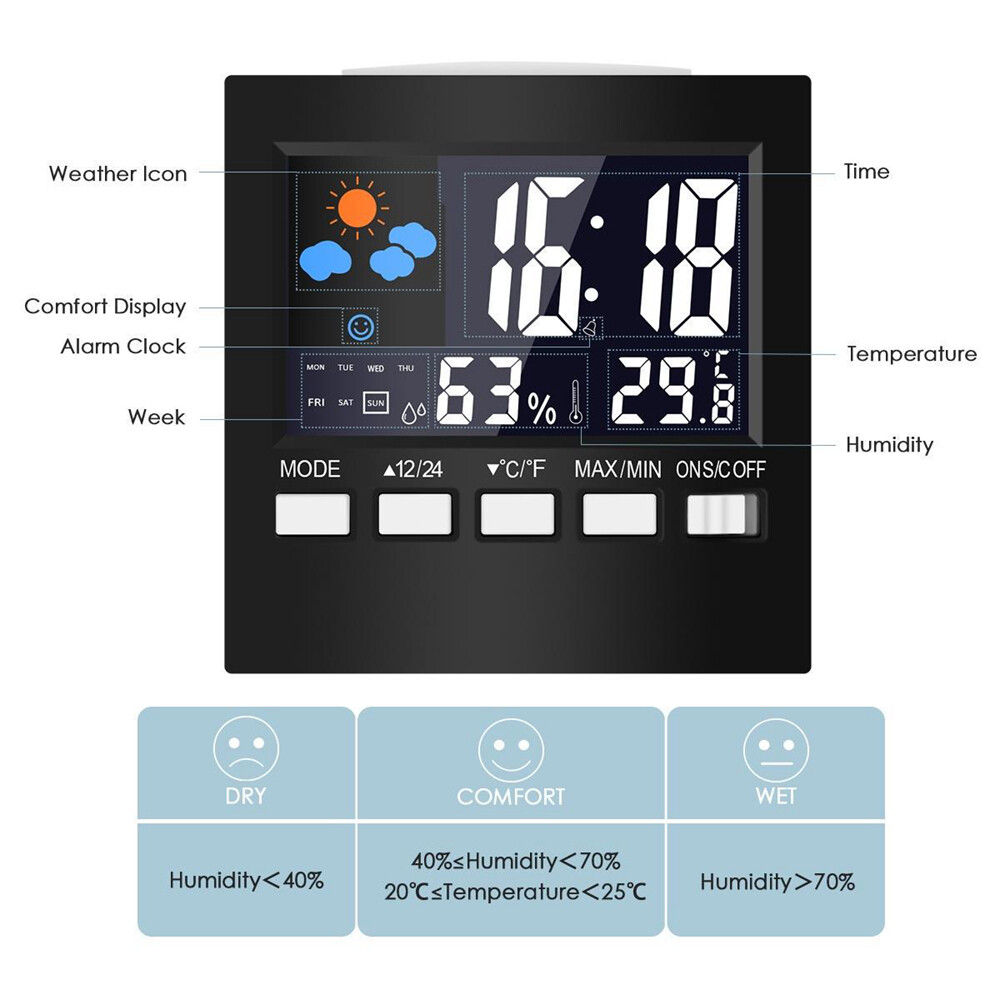 Original Diymore  Multifunctional thermometer, hygrometer clock and alarm clock LED backlight color screen display snooze alarm clock