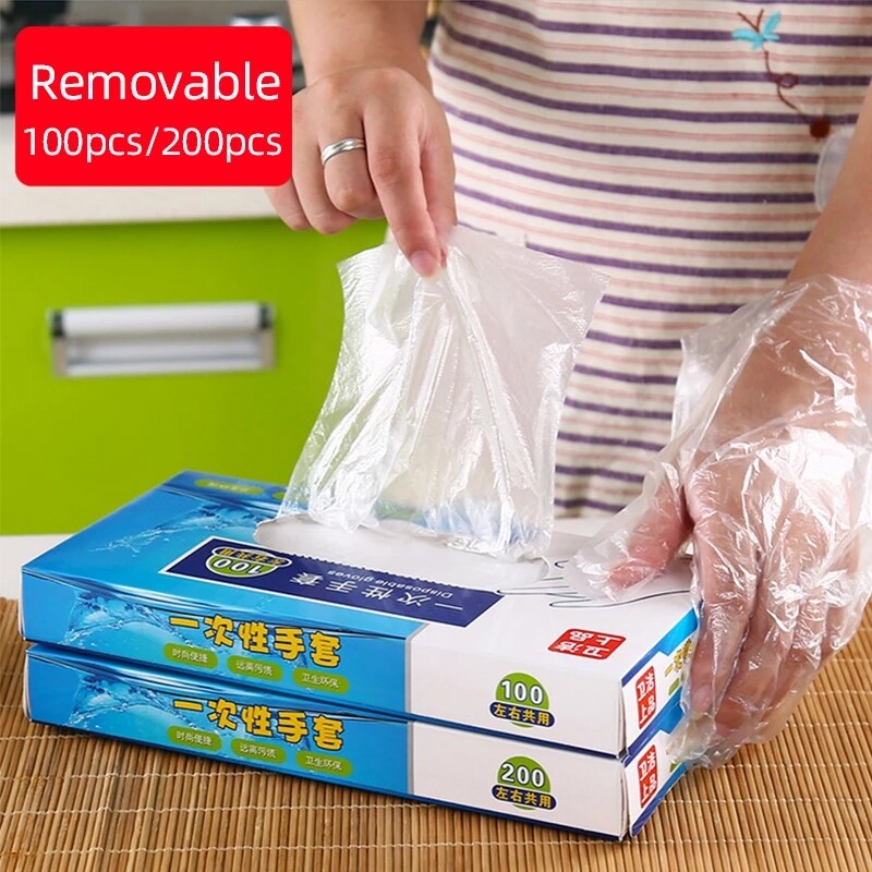 100pcs/200pcs with Food Grade Disposable Gloves Transparent Plastic Gloves for Kitchen Catering