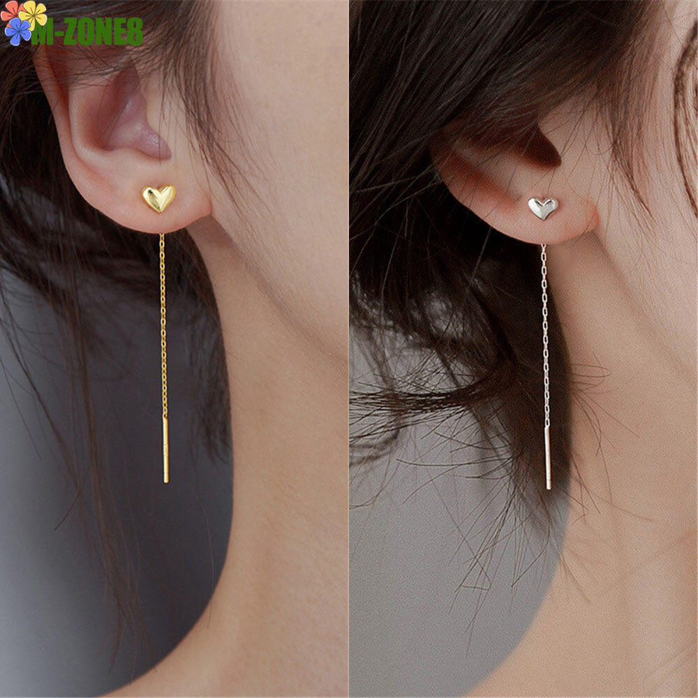 【M-ZONE8】1 Pair Titanium Steel Solid Long Tassel Gold and Silver Heart-shaped Stud Earrings for Women