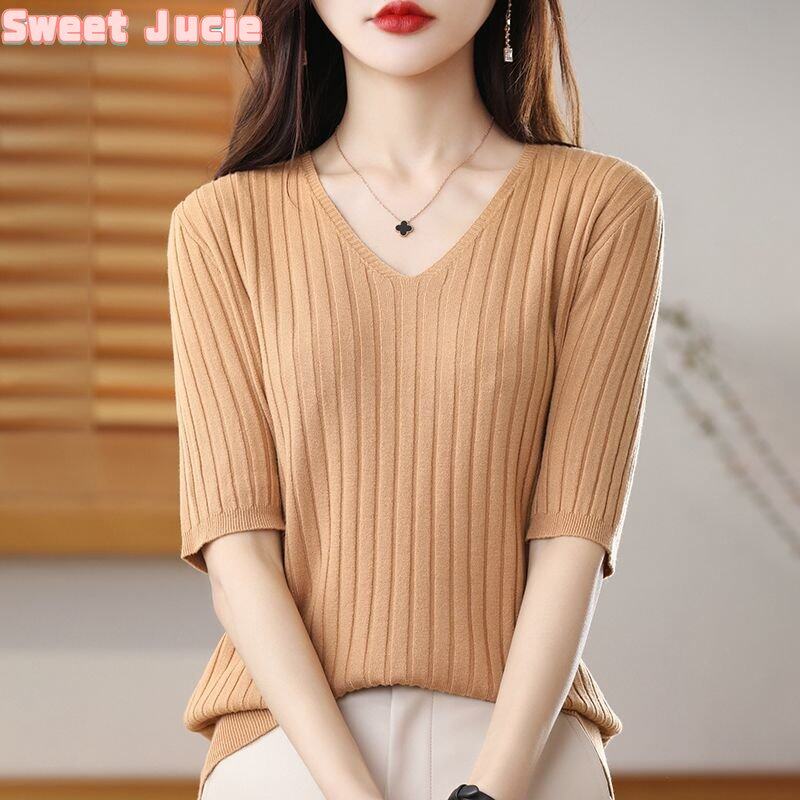 Áo Thun Nữ Sweet Juice Tay Áo 3/4 Hàn Quốc Cổ Tim Bó Sát Áo Thun Dệt Kim Ngắn Tay Cho Nữ