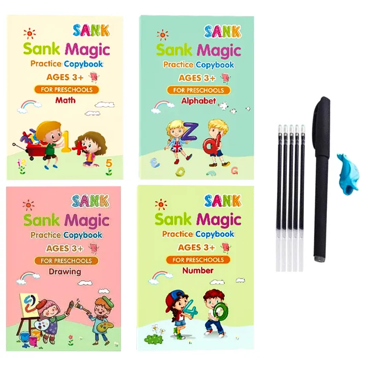4 Books and Pen Number Tracing Book for Preschoolers with Pen,Magic Calligraphy Copybook Set Include Alphabet Drawing Math Reusable Sank Magic Practice Copybook Number 