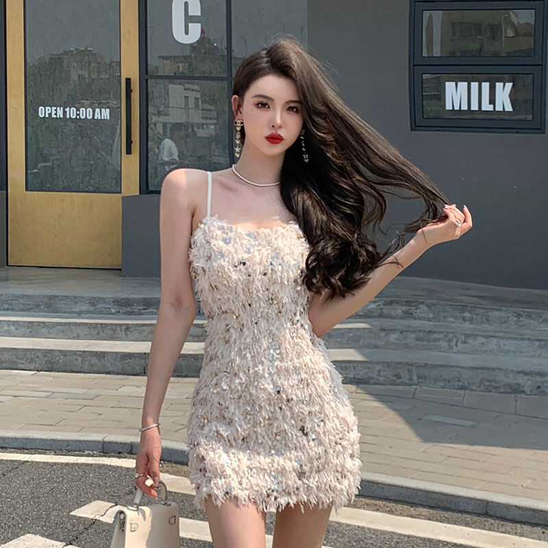 Impression Fashion Women Sweet Sexy Beading Square Collar Sleeveless Bodycon High Waist Mini Evening Dress