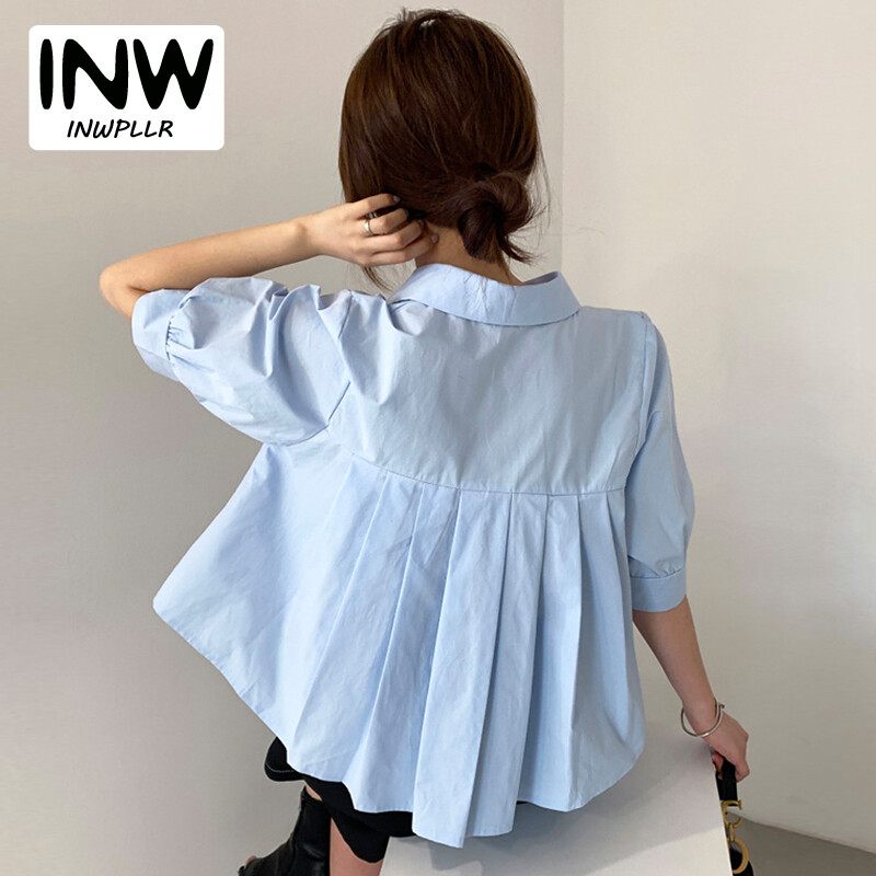 INWPLLR New Fashion Women BLouses Summer V-neck Short Sleeve Shirt Women Peplum Tops Elegant High Waist Chiffon Blouse Korean-style Shirts Female