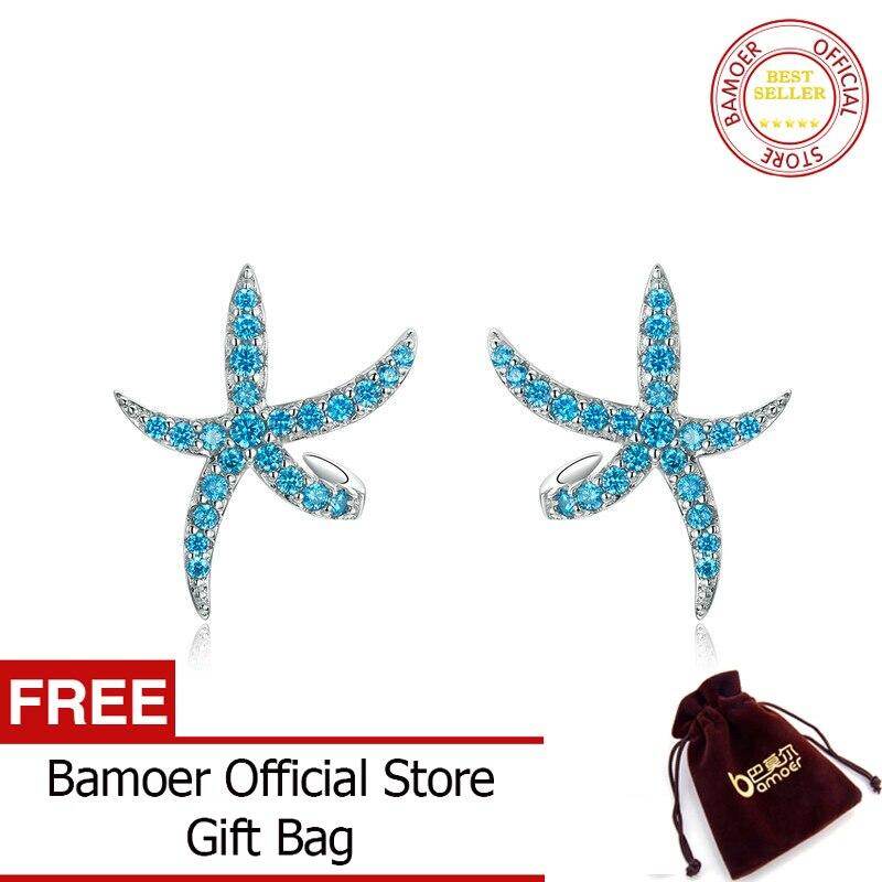 BAMOER Starfish Stud Earrings for Women Genuine 925 Sterling Silver Fashion Blue Earings Studs Korean Design Jewelry BSE136