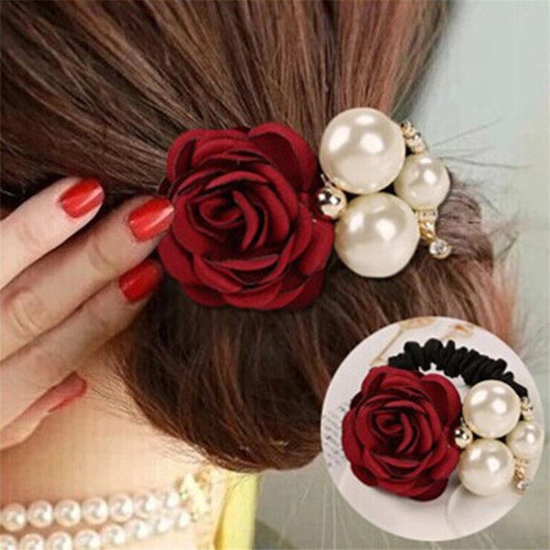 1pc Hair Accessories Women Fashion Style Big Rose Flower Pearl Rhinestone Hair Bands Elastic Hair Rope Ring 3 Colors for Girls