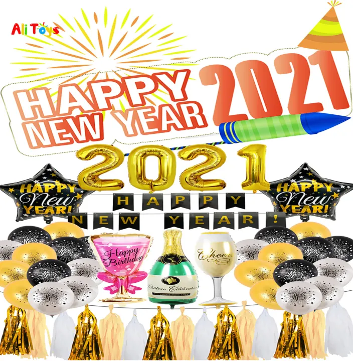 2021 Happy New Year Black Foil Balloons Wine Bottle Balloon New Year Party Decor