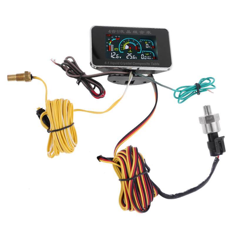 4 In 1 LCD Car Digital ALARM Gauge Pressure Voltmeter Volt Water Temperature Oil Pressure Fuel Gauge Temperature Sensor