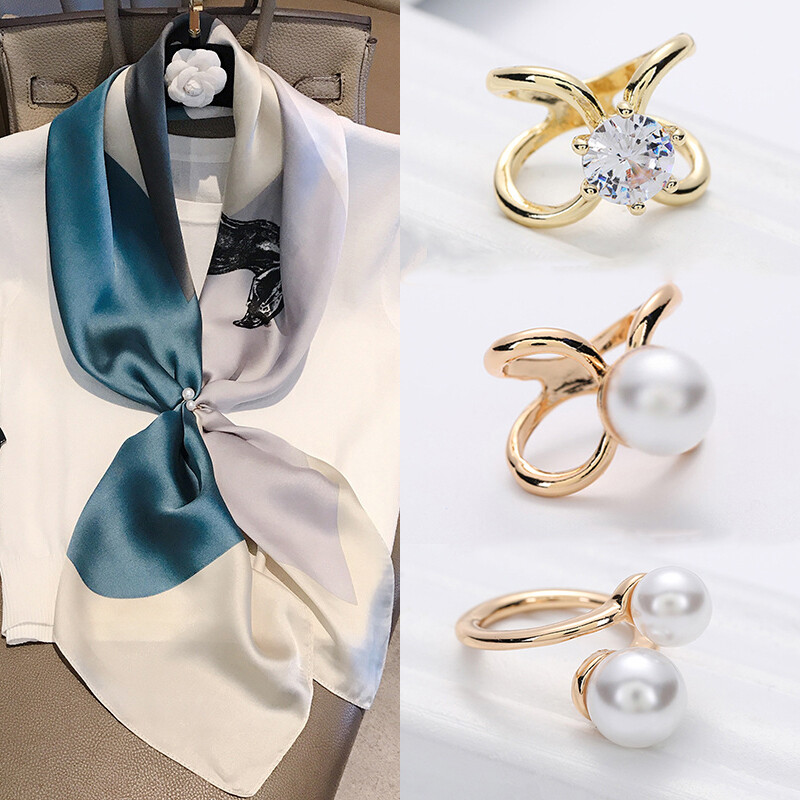 Pearl Rhinestone Shawl Silk Scarf Buckle Brooch Women Fashion Gold Jewelry Accessory Shawl Ring Clips Fasteners