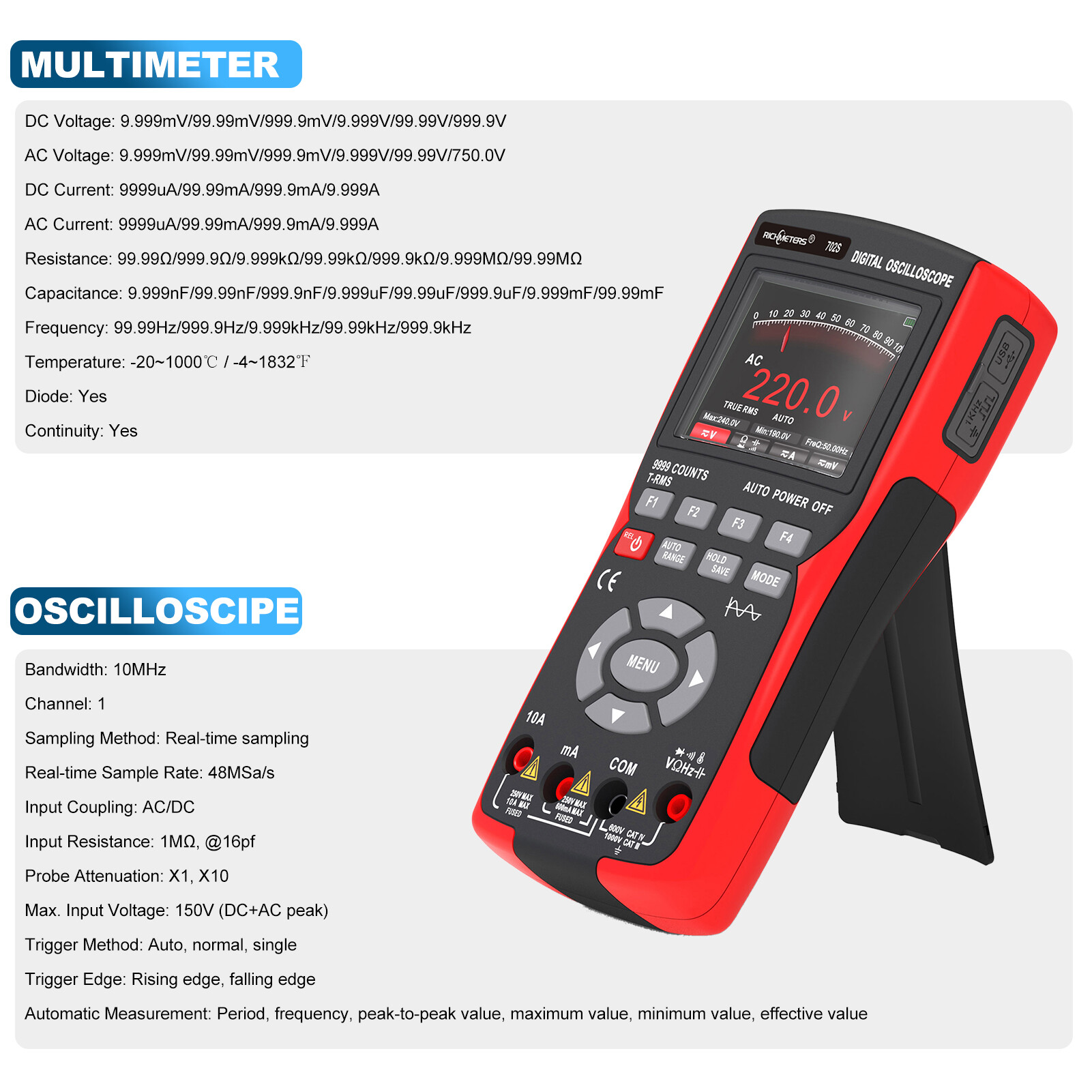 SMART SENSOR Oscilloscope Đồng hồ vạn năng cầm tay LCD đa năng kế kỹ thuật số & oscillometer 2-in-1 Đồng hồ vạn năng máy đo phạm vi 9999 đếm 10MHz 48msa/S đơn kênh đo AC/DC điện áp và hiện tại Kháng Điện dung tần số