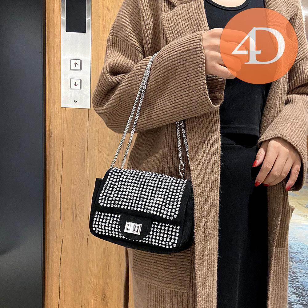Female Vintage PU Leather Rhinestone Crossbody Bag Women Casual Glitter Chain Shoulder Bags Mini Flap Handbags