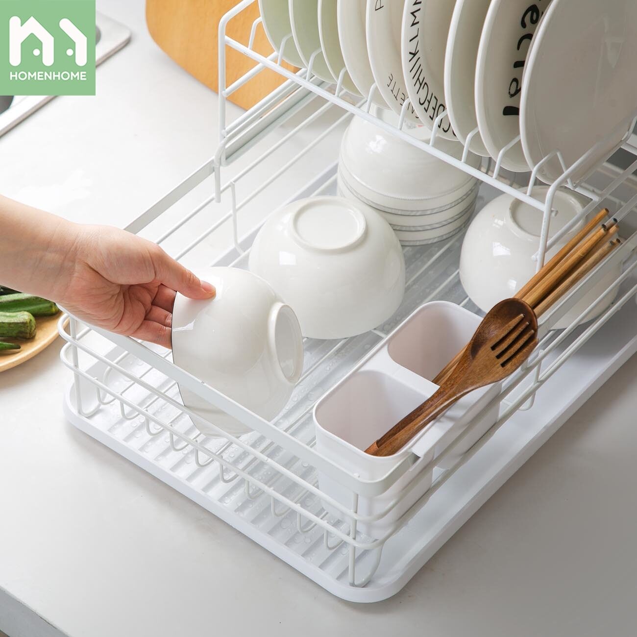 Homenhome Giá nhiều lớp để ráo chén dĩa nhà bếp tiện lợi, bằng sắt rèn - INTL