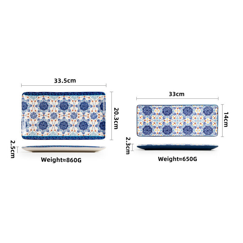 Omk màu xanh talavera loạt gốm 14 inch hình chữ nhật đĩa phẳng để thức ăn Salad món tráng miệng khay đĩa