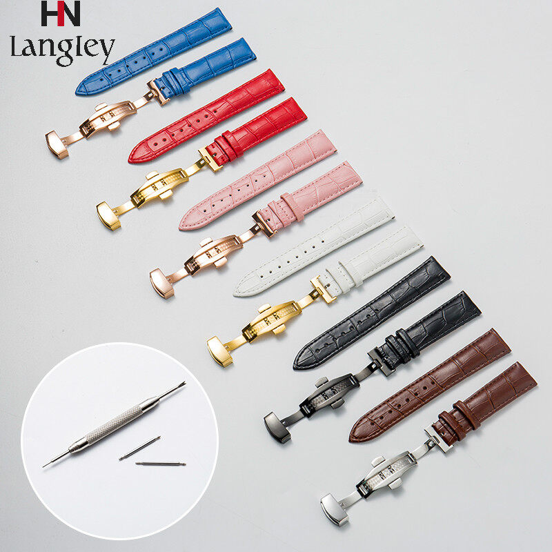 14mm 15mm 16mm 17mm 18mm 19mm 20mm 22mm 24mm Colorful Genuine Leather Strap Universal Watch stainless Steel Double press butterfly button Strap Belt Wrist Strap with Tools