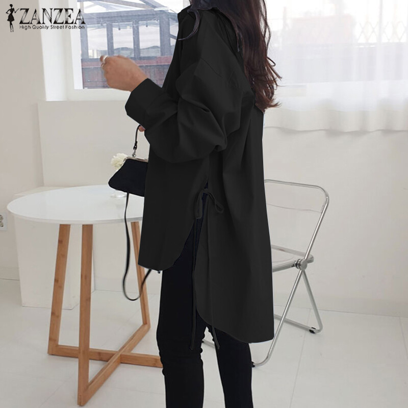 ZANZEA Áo Sơ Mi Nữ Cổ Cao Cài Khuy Dài Tay Cổ Thấp Áo Xẻ Gấu Áo Cánh