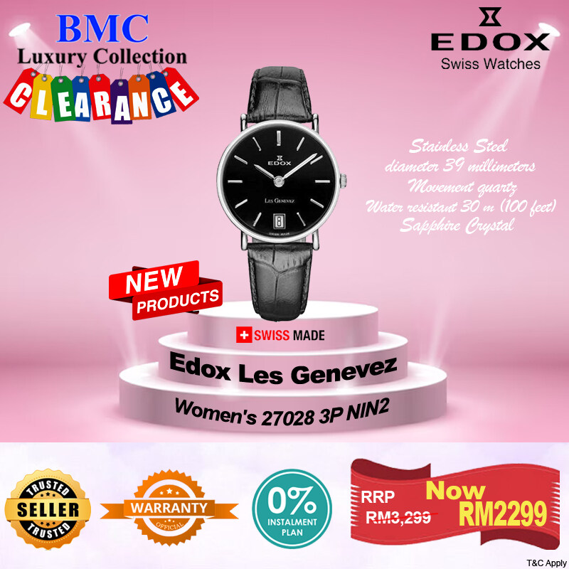 Edox Womens 27028 3P NIN2 Les Genevez Black Dial Leather Date