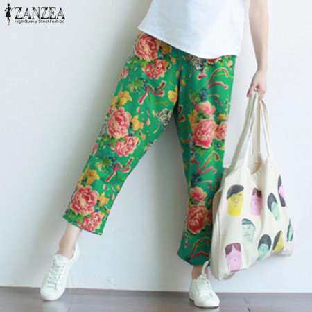 สำหรับผู้หญิง ZANZEA พลัสเอวยางยืดลายดอกไม้หลวมกางเกงยีนส์สตรียาวกางเกง