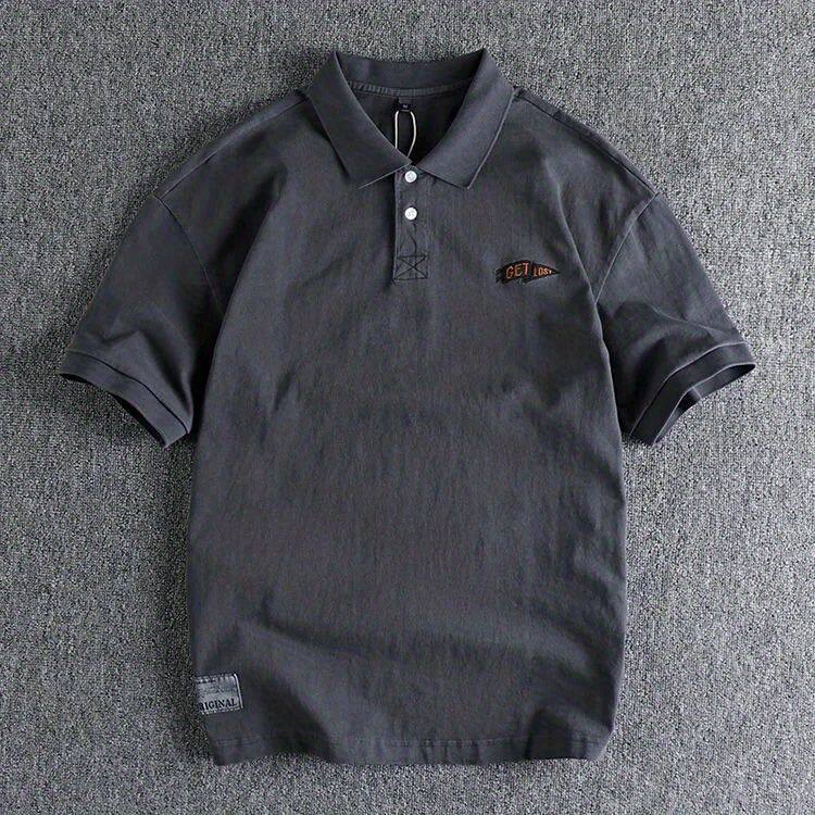 American vintage heavyweight short sleeve polo shirt men's fashion brand loose large size T-shirt men's high-end lapel T-shirt