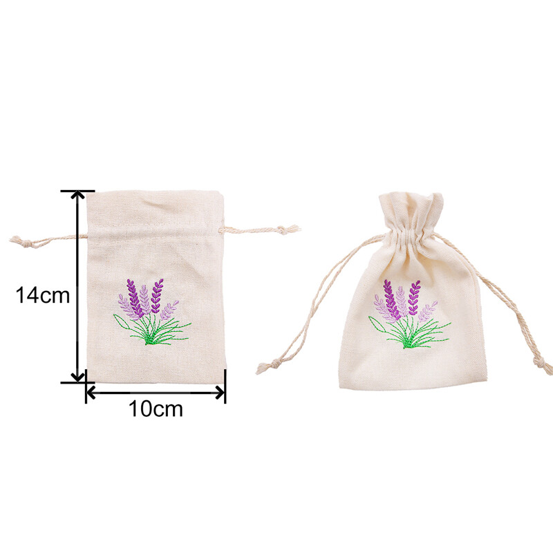 Hot selling New Fashion 2 Sizes Handmade Canvas Embroidered Portable Cream-colored Package Lavender Drawstring Packaging Bag