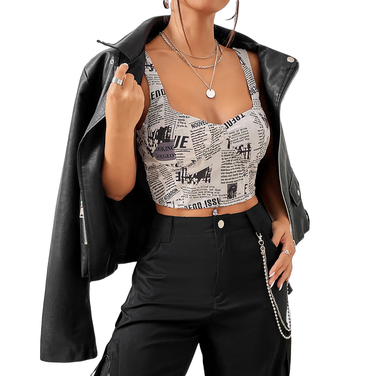 Women´s Summer Mini Sling Vest Sleeveless Backless Low Cut Newspaper Print Crop Tops