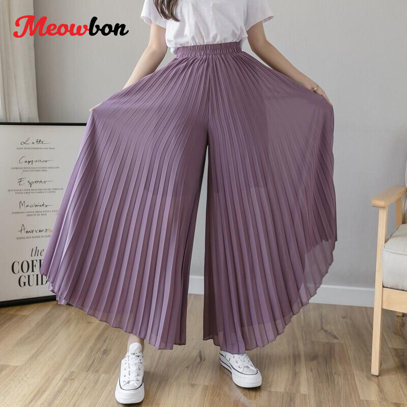 TOP★Mùa hè quần legging rộng loe Palazzo 9 điểm lỏng quần voan xếp ly cho phụ nữ S M L XL (có lót) 924