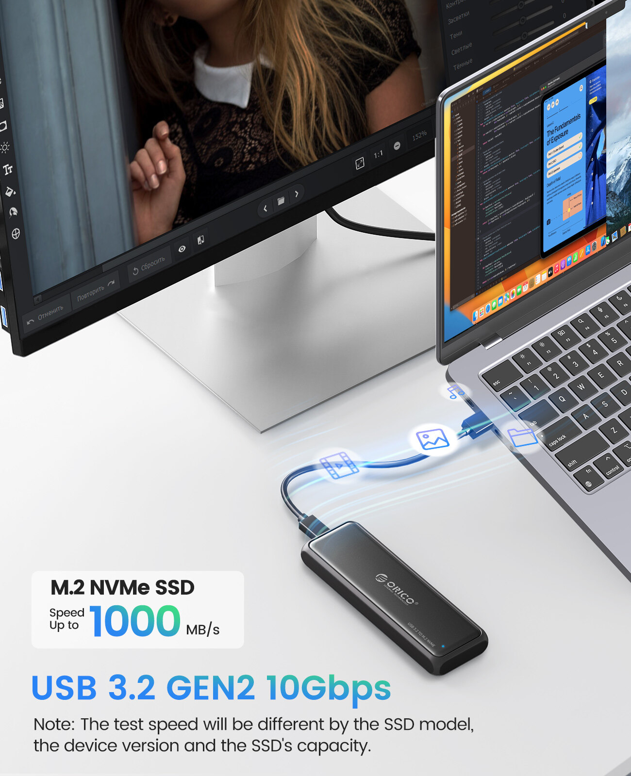 ORICO M.2 NVMe/SATA SSD Enclosure 10Gbps Tool Free M2 SSD Aluminum Enclosure Solid State Drive Case Laptop Computer Accessories (DDM2)