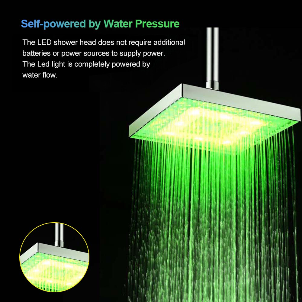 Đèn Led Mưa Vòi Hoa Sen Đầu Vòi Hoa Sen Vuông Vòi Sen Cảm Biến Nhiệt Độ Thay Đổi Màu RGB Tự Động Cho Phòng Tắm
