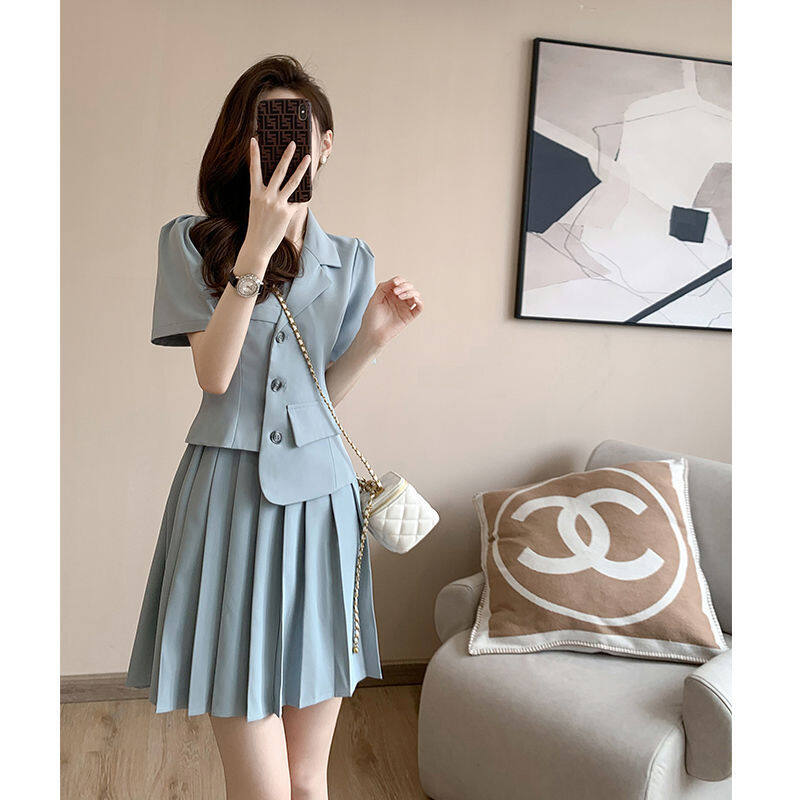 2022 Summer New Temperament Small Fragrance Casual Pleated Skirt Women's Suit Suit Dress Short Blazer Dress Suit
