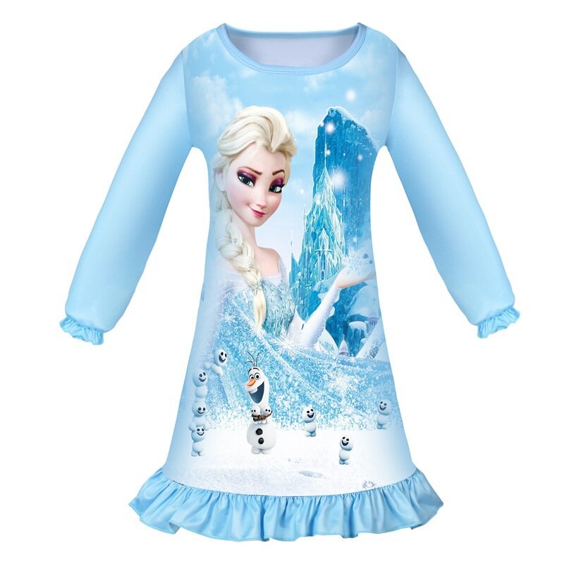 Frozens Anna Elsa Girls Long Sleeve Ruffled Nightdress Cotton A-Line Dress 2020 New Cartoon Baby Princess Dress 6307 Pajama Dress Kids Clothing Autumn Casual Leisure Wear