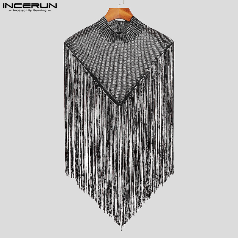 INCERUN Mens Tassel Poncho Shirt Sleeveless See Through Crop Tops Party Clubwear
